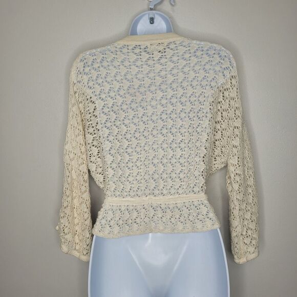 Vintage y2k cream Boho crochet tie front v neck ruffle cardigan Size large - Picture 2 of 7